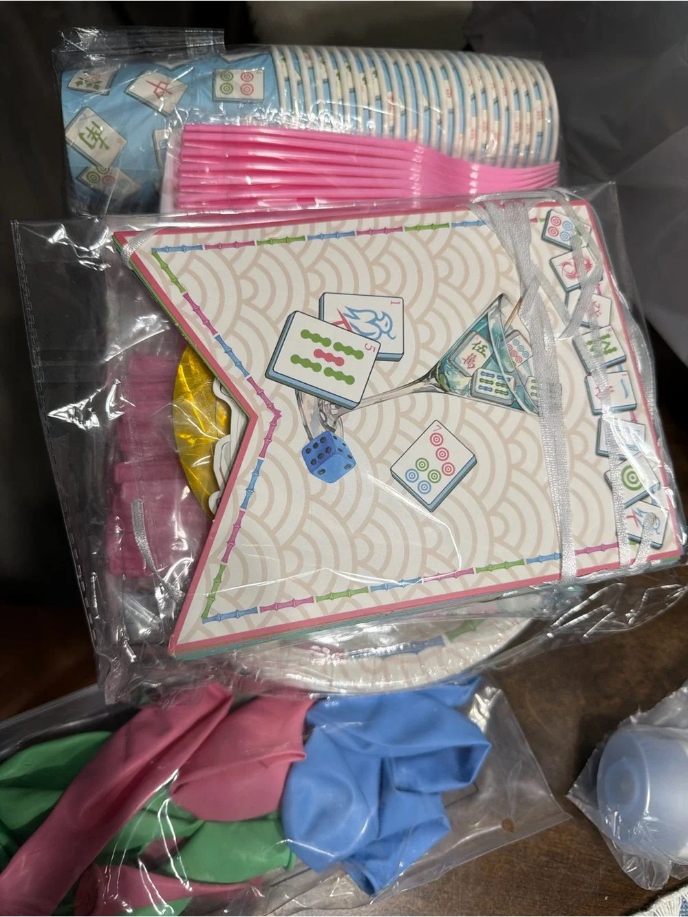 Party Tableware Set with Pink, Green, Blue Balloons and Printed Mahjong Plates